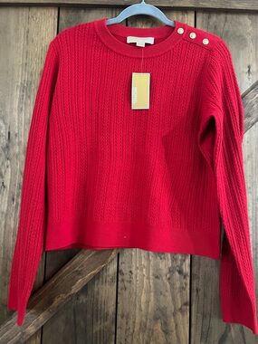 { michael kors } Red Cable-Knit Button-Shoulder Sweater